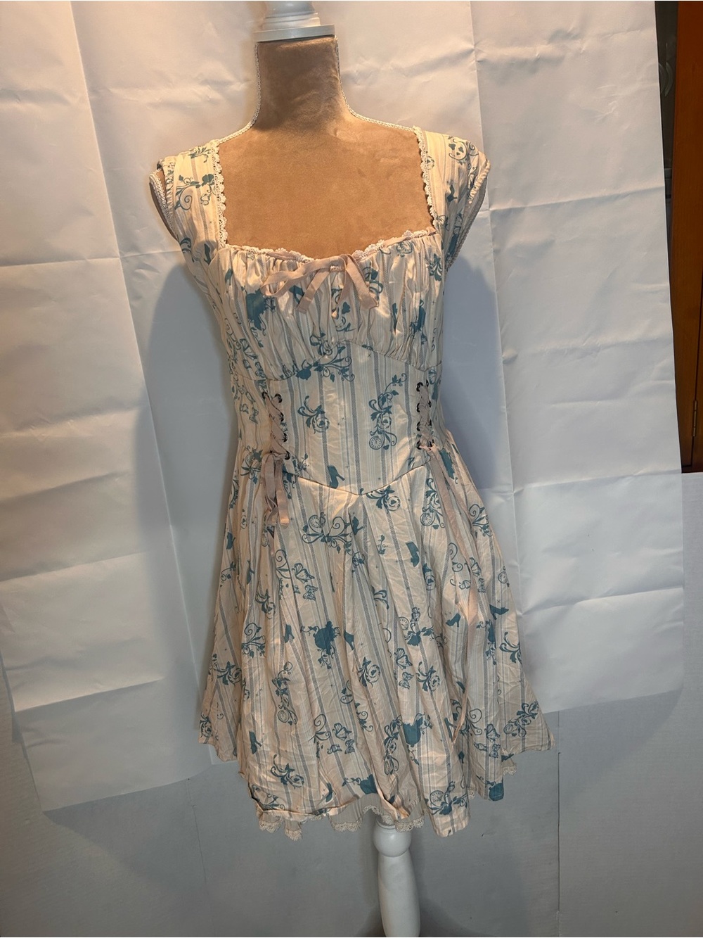 Disney Cinderella Floral Sleeveless Fit-and-Flare Dress in Cream and Teal